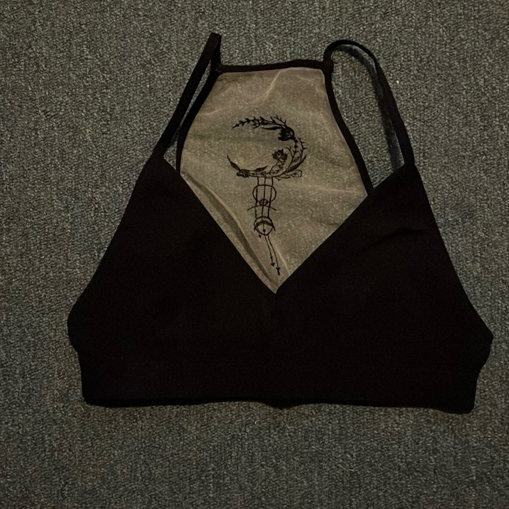 Extra small/small black double layered tank/bra moon flowers sheer back